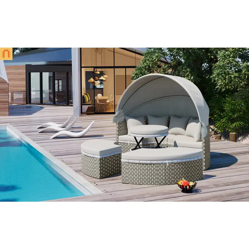 Outdoor Round Sectional Set Rattan Gray Retractable Canopy