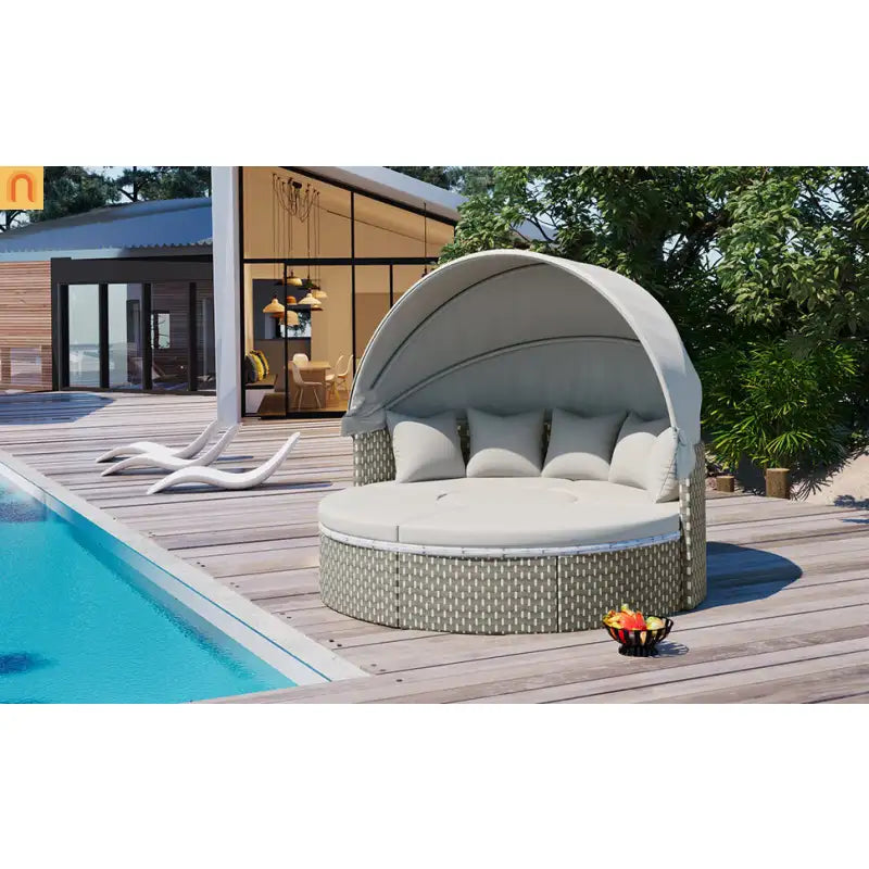 Outdoor Round Sectional Set Rattan Gray Retractable Canopy