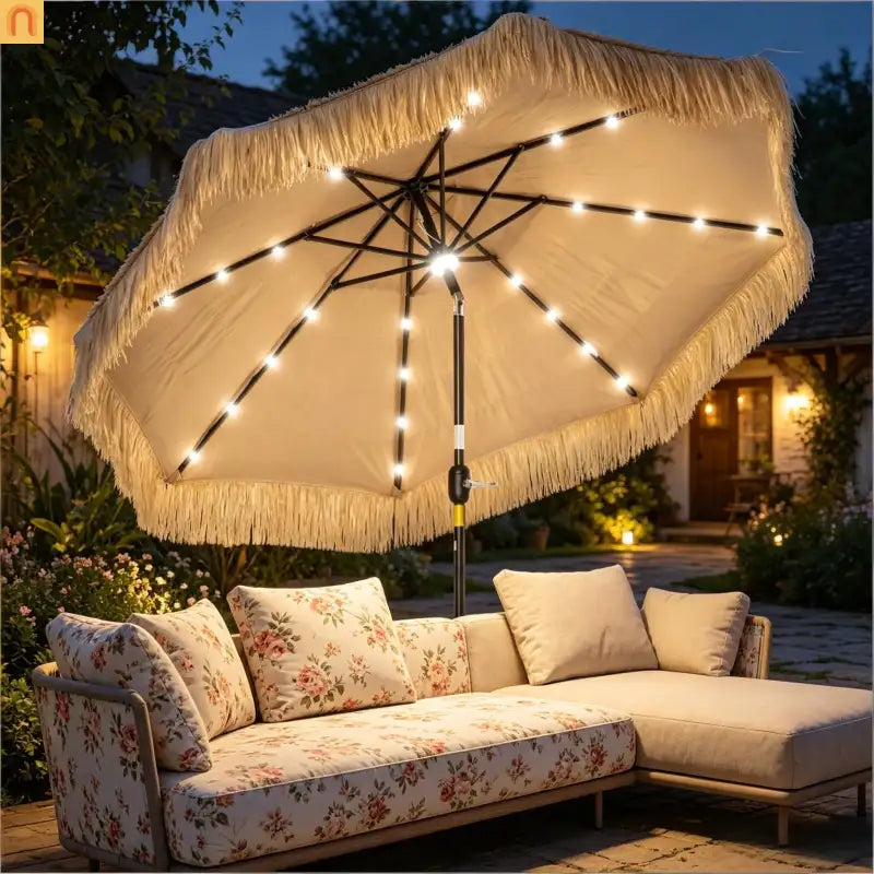 Patio Umbrella Market Straw Tassel Khaki 8.7ft Solar LED Tilt