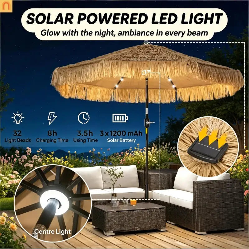 Patio Umbrella Market Straw Tassel Khaki 8.7ft Solar LED Tilt
