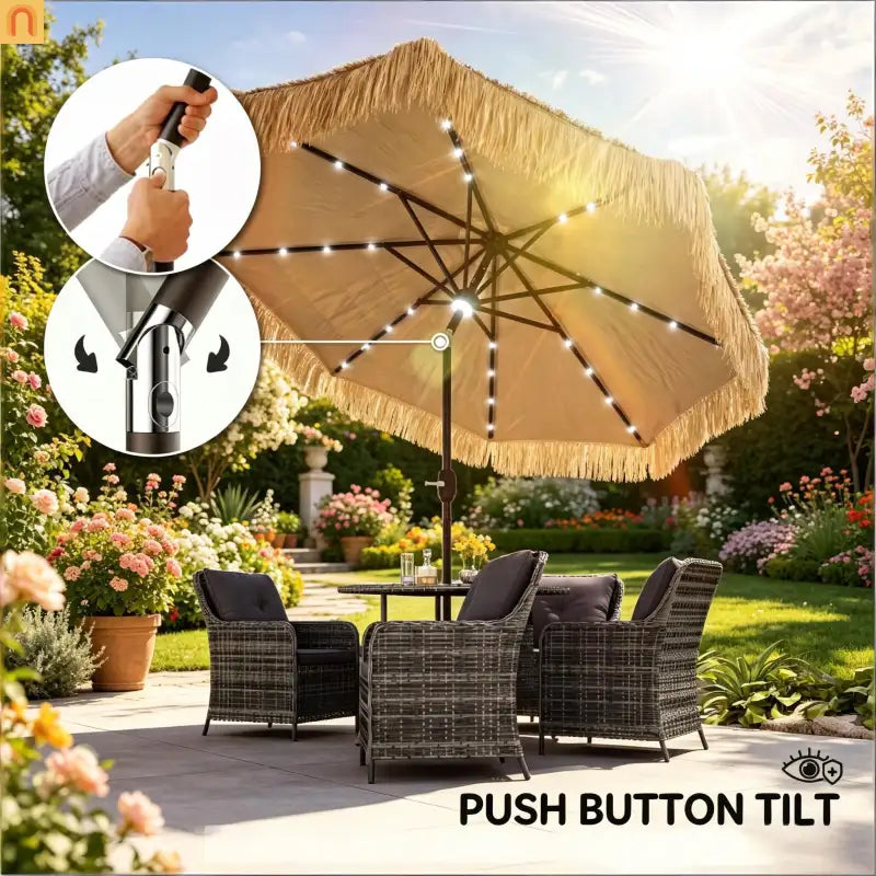 Patio Umbrella Market Straw Tassel Khaki 8.7ft Solar LED Tilt