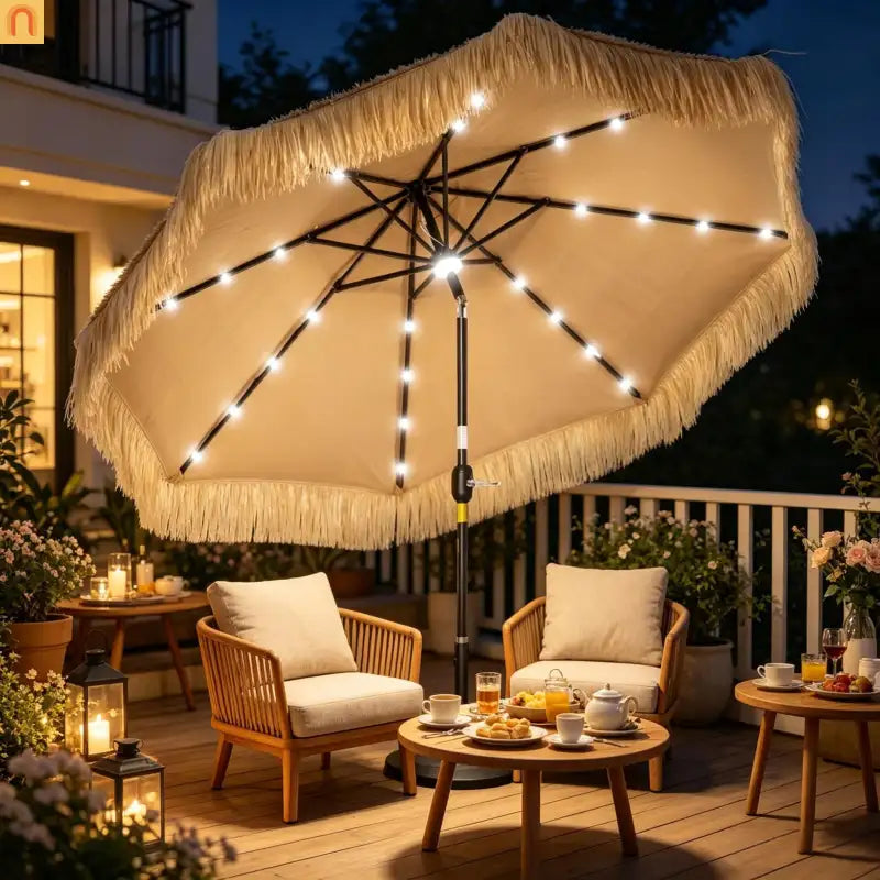 Patio Umbrella Market Straw Tassel Khaki 8.7ft Solar LED Tilt