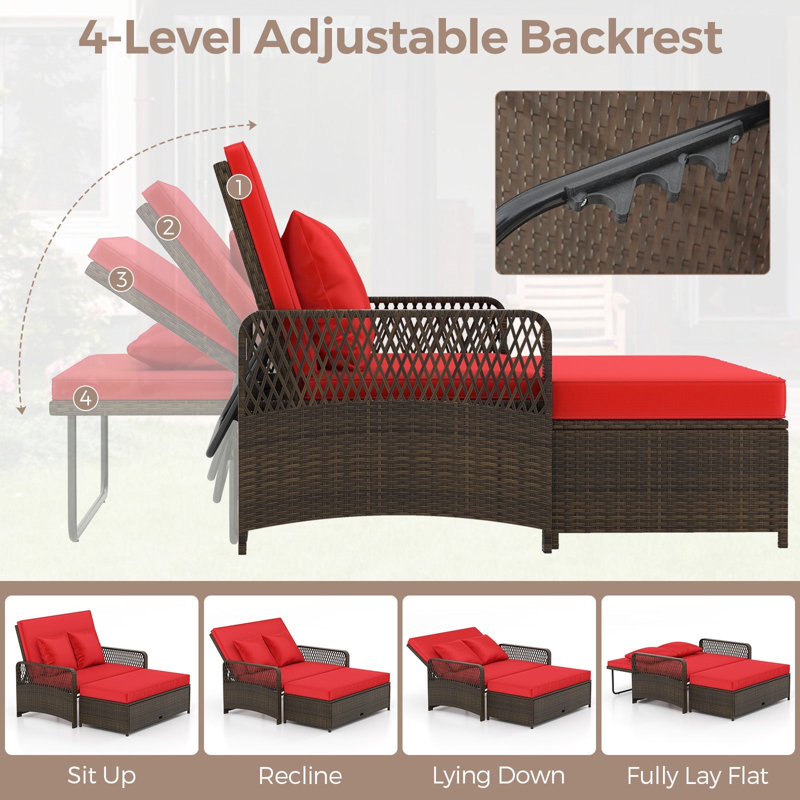 Patio Adjustable Wicker Daybed with 4-Level Backrest and Soft Cushions