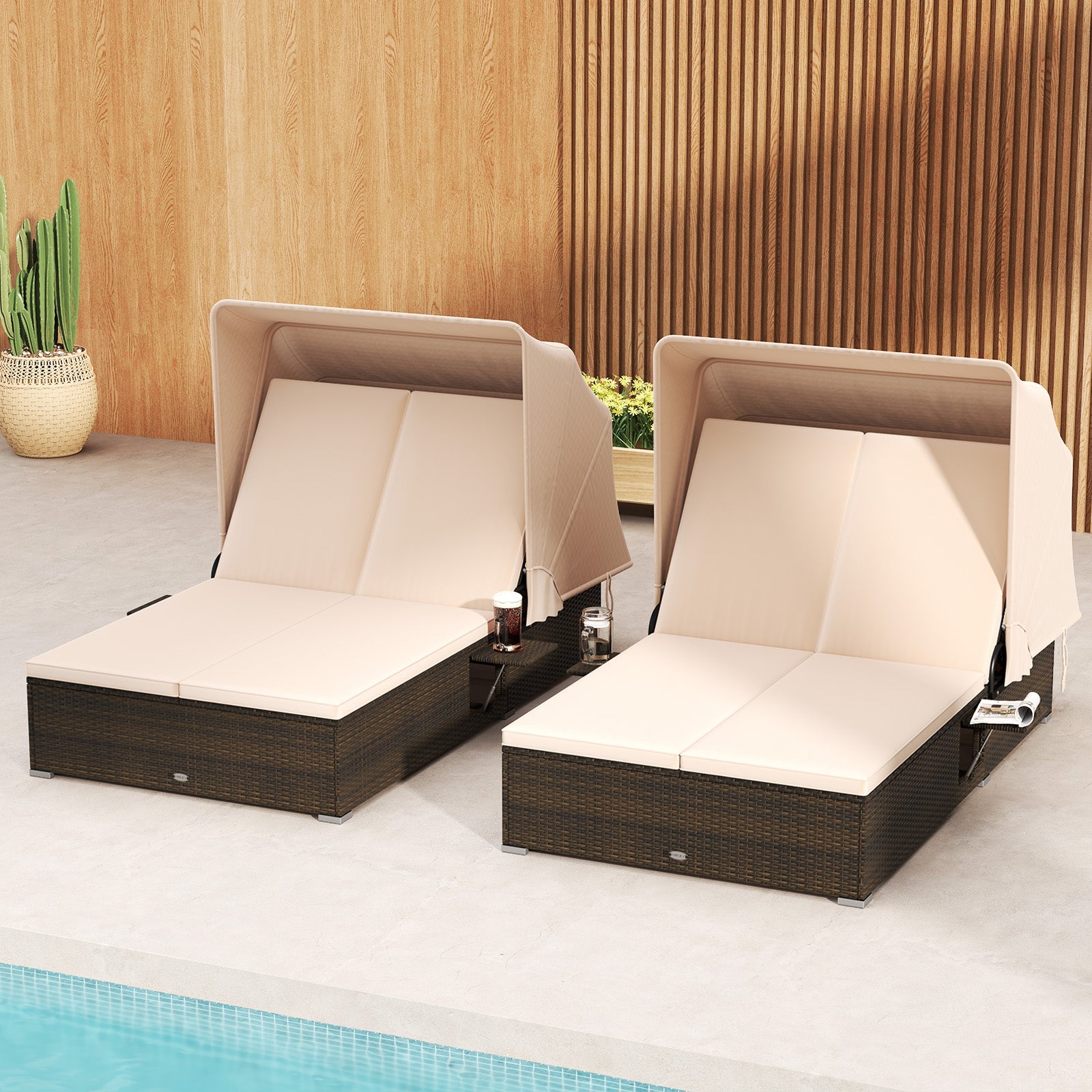 Patio Double Chaise Lounge with Shade Cushions and Folding Side Trays