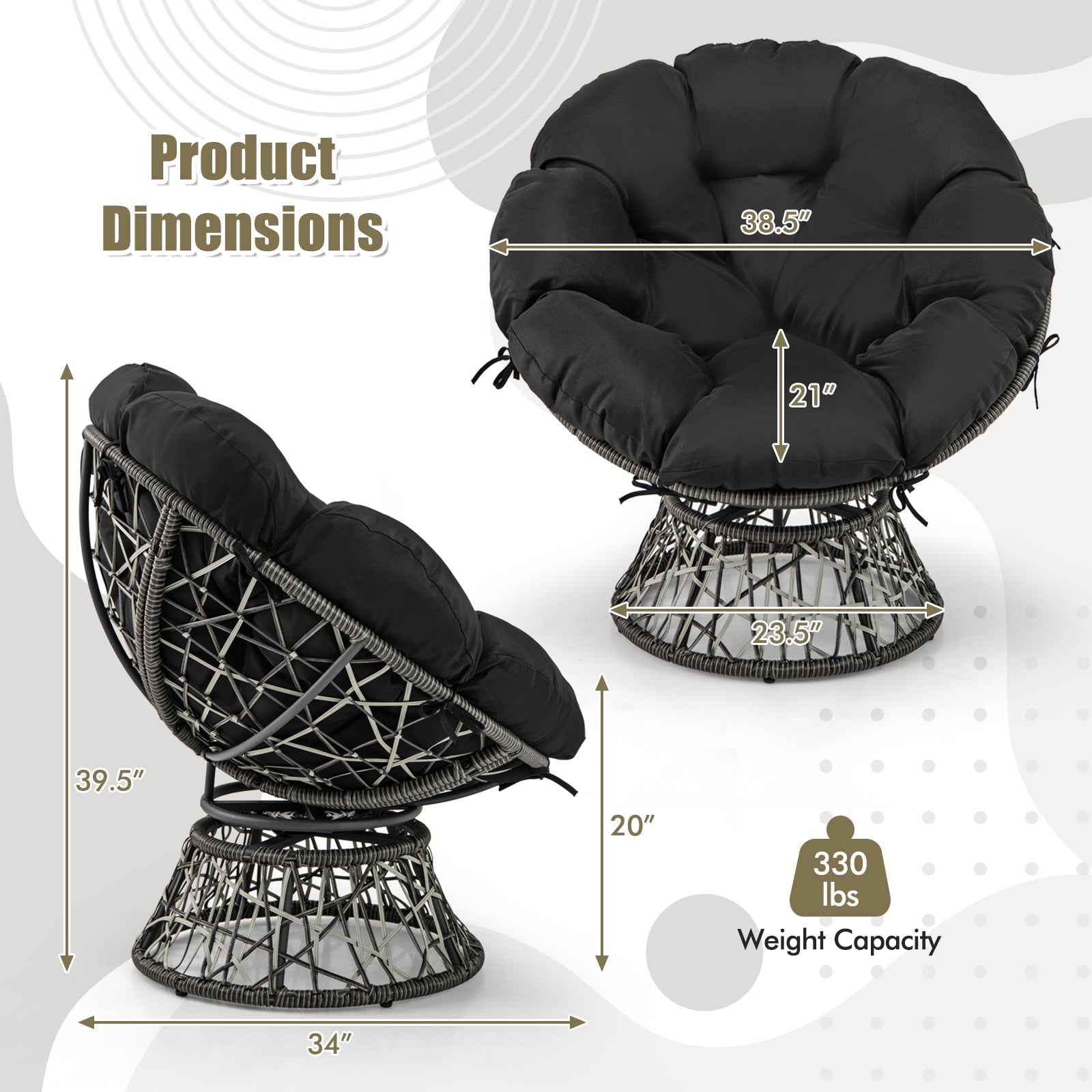 PE Wicker Papasan Chair with Thick and Removable Cushion-Black