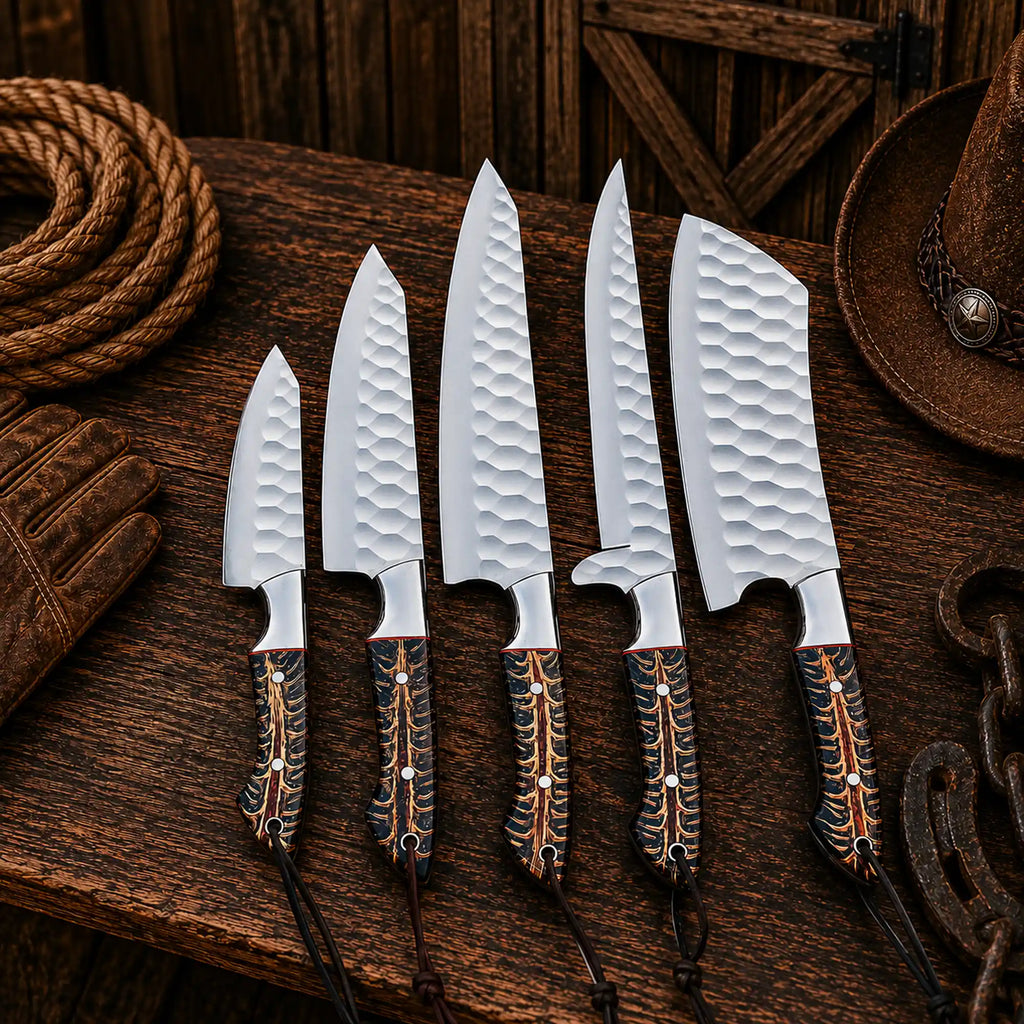 Cone Back Handles D2 Steel Chef Knife Set with Leather Roll Kit