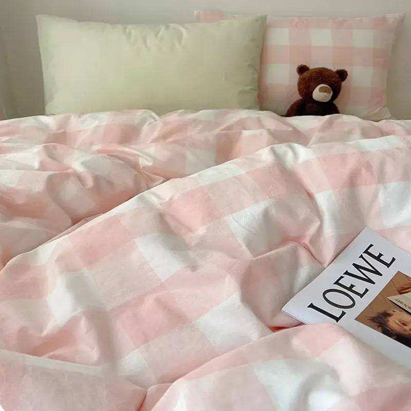 Pink and white gingham cozy cotton grid bedding sets bedroom