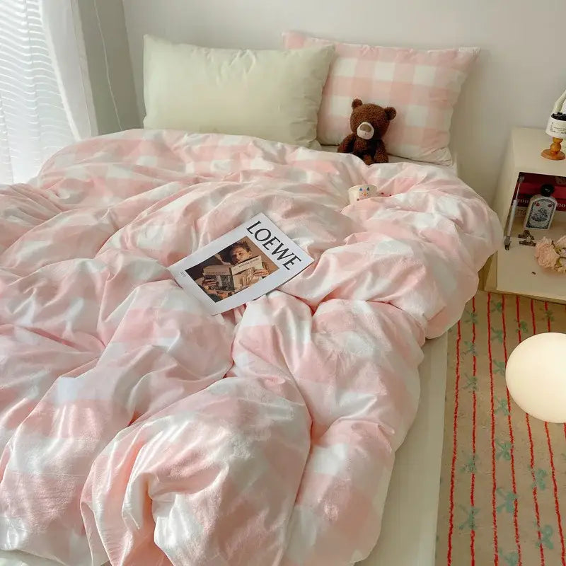 Pink and white gingham cozy cotton grid bedding sets bedroom