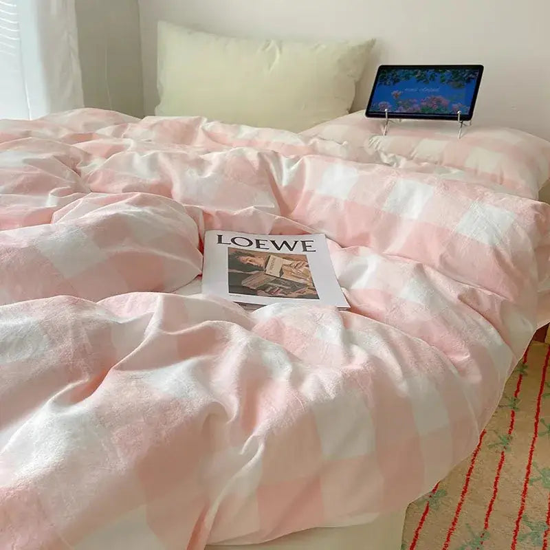 Pink and white gingham cozy cotton grid bedding sets bedroom