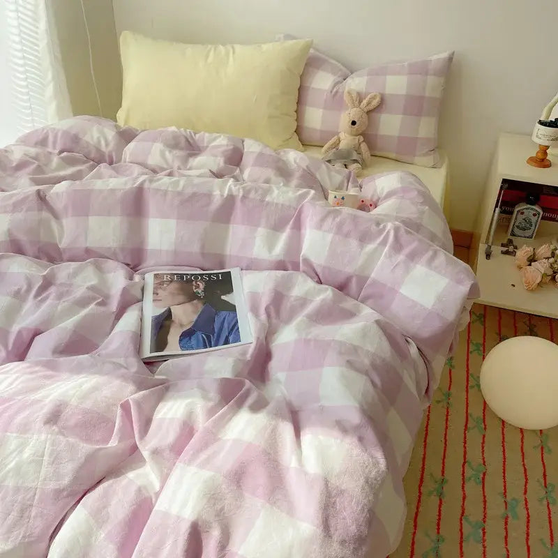 Pink and white gingham cozy cotton grid bedding sets bedroom