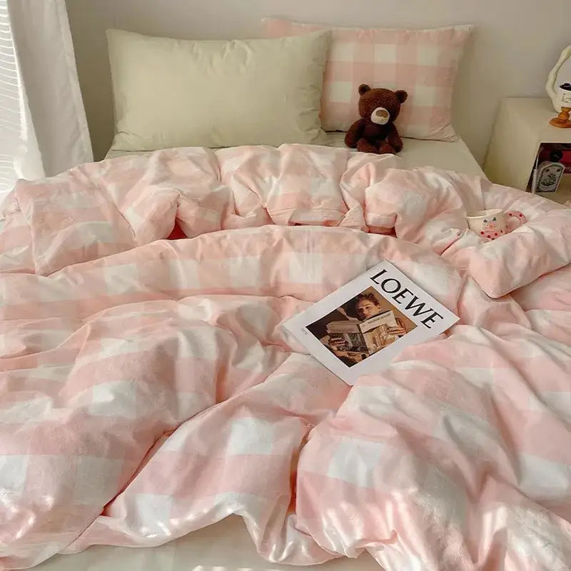 Pink and white gingham cozy cotton grid bedding sets bedroom
