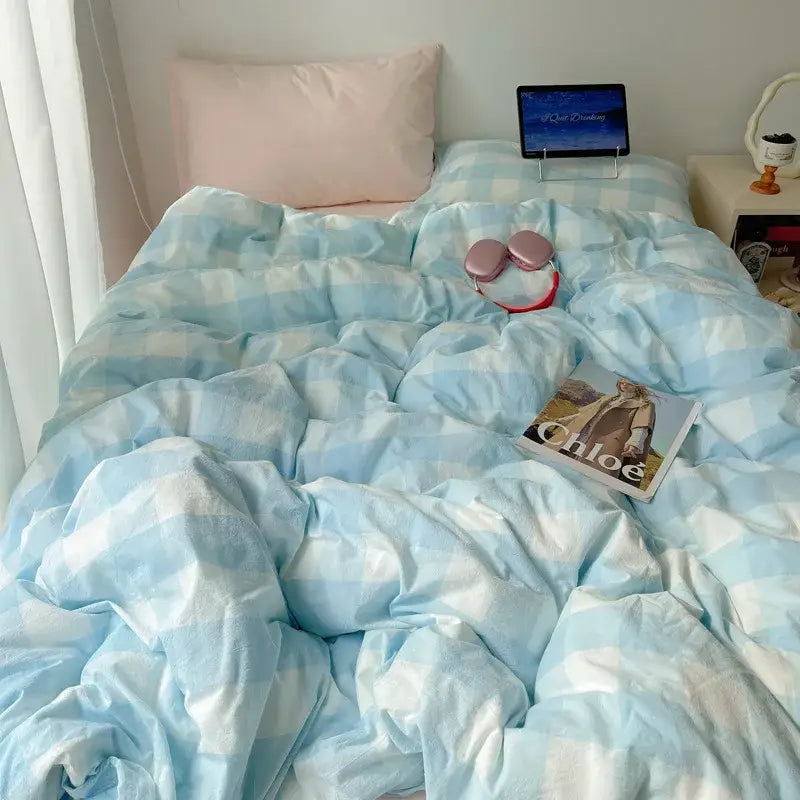 Pink and white gingham cozy cotton grid bedding sets bedroom