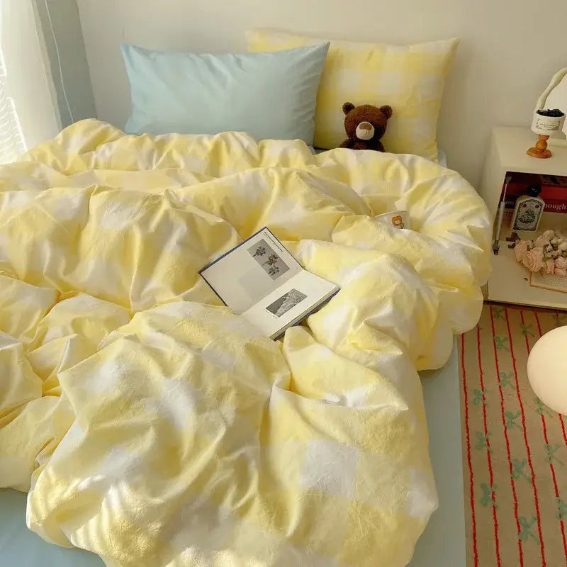 Pink and white gingham cozy cotton grid bedding sets bedroom