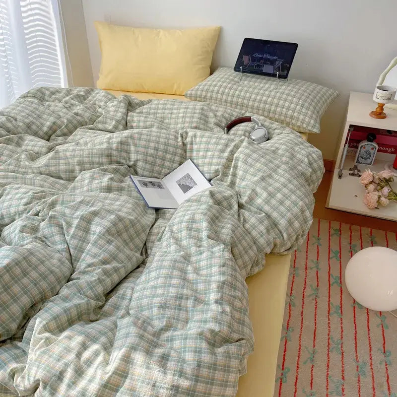 Pink and white gingham cozy cotton grid bedding sets bedroom