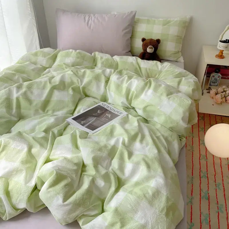 Pink and white gingham cozy cotton grid bedding sets bedroom