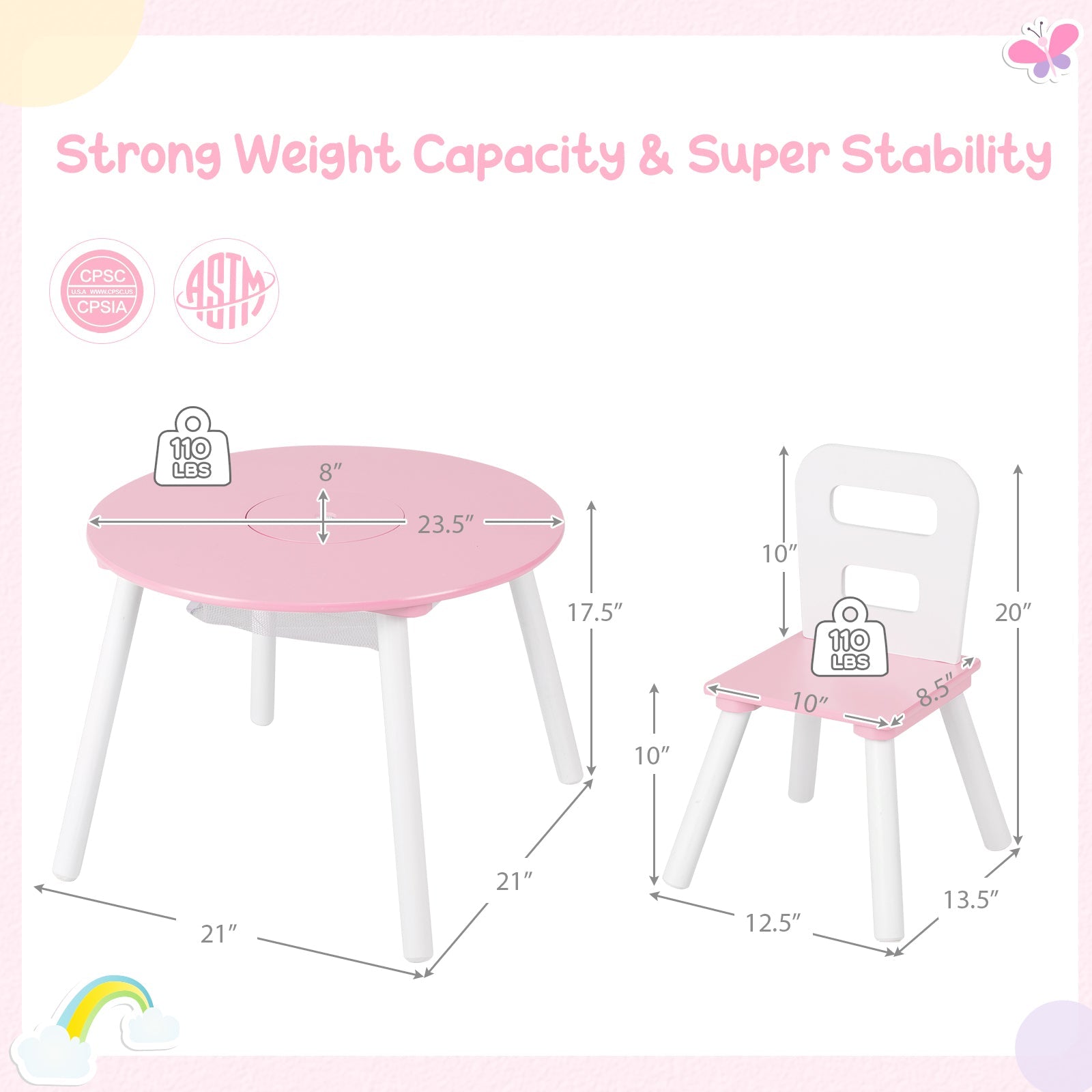 Wood Activity Kids Table and Chair Set with Center Mesh Storage for Snack Time and Homework-Pink