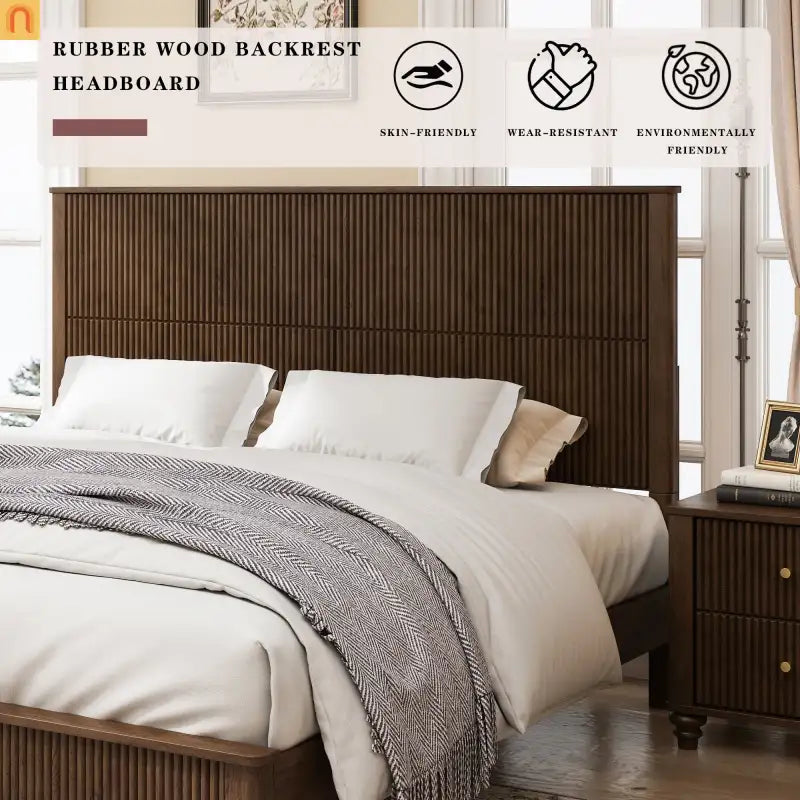 Bed Frame Platform King Walnut Rubberwood Tall Headboard 800 lb