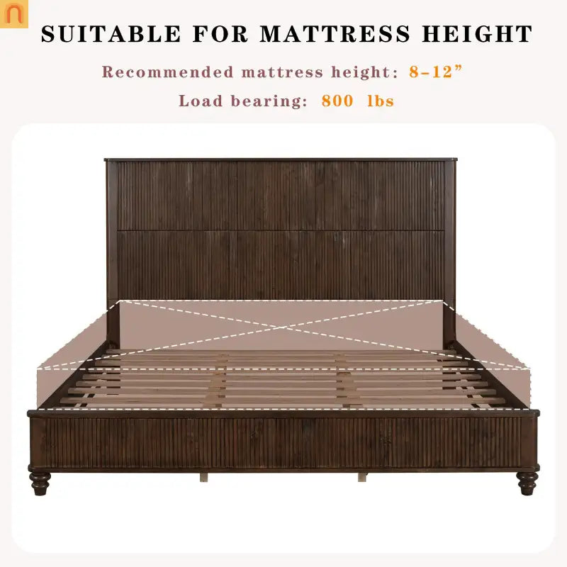 Bed Frame Platform King Walnut Rubberwood Tall Headboard 800 lb