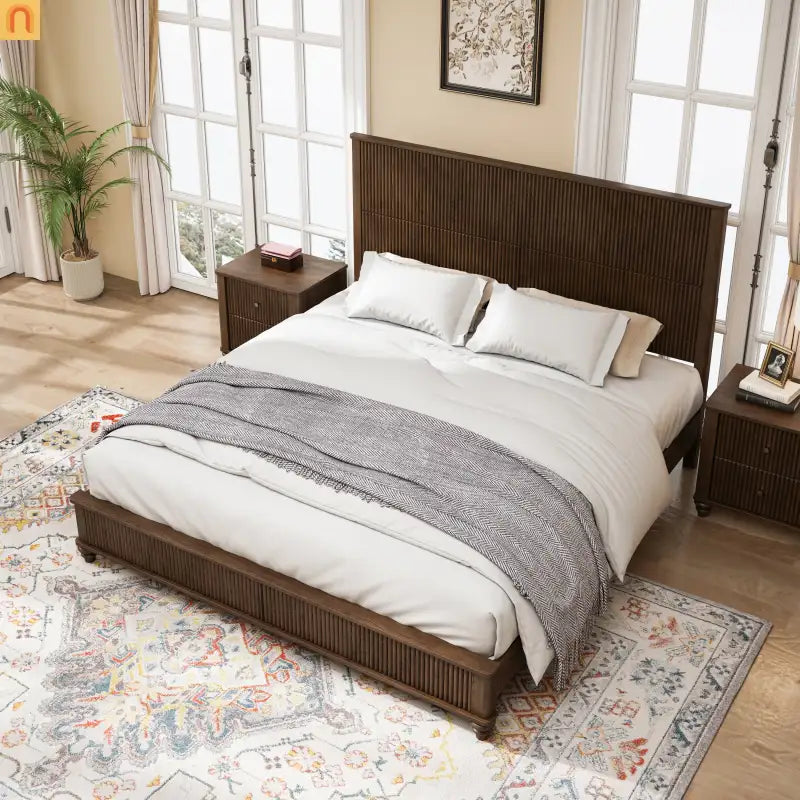 Bed Frame Platform King Walnut Rubberwood Tall Headboard 800 lb