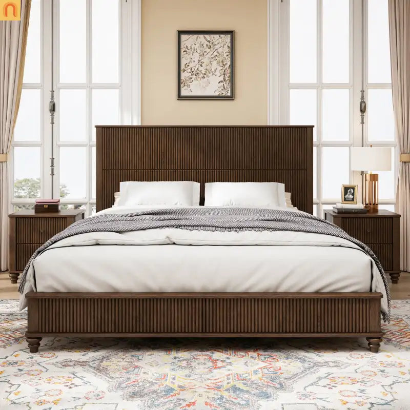 Bed Frame Platform King Walnut Rubberwood Tall Headboard 800 lb