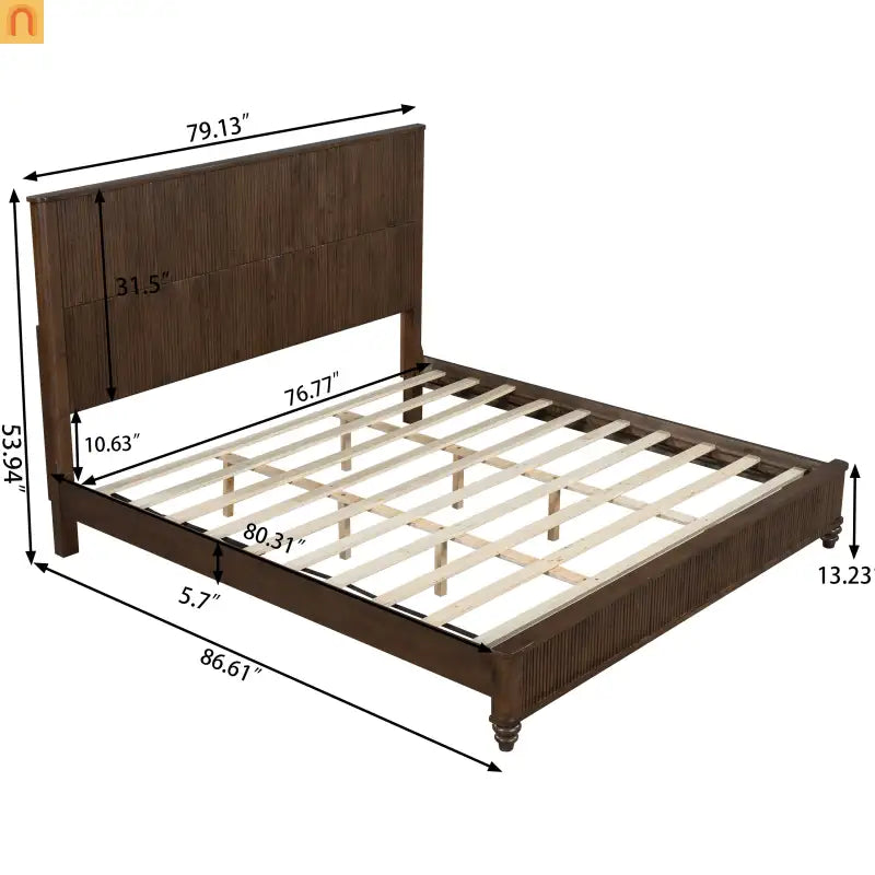 Bed Frame Platform King Walnut Rubberwood Tall Headboard 800 lb
