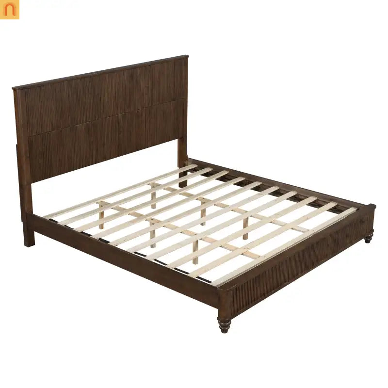 Bed Frame Platform King Walnut Rubberwood Tall Headboard 800 lb