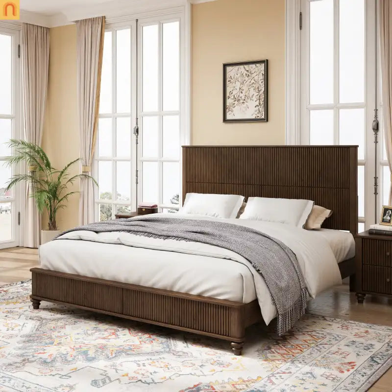 Bed Frame Platform King Walnut Rubberwood Tall Headboard 800 lb