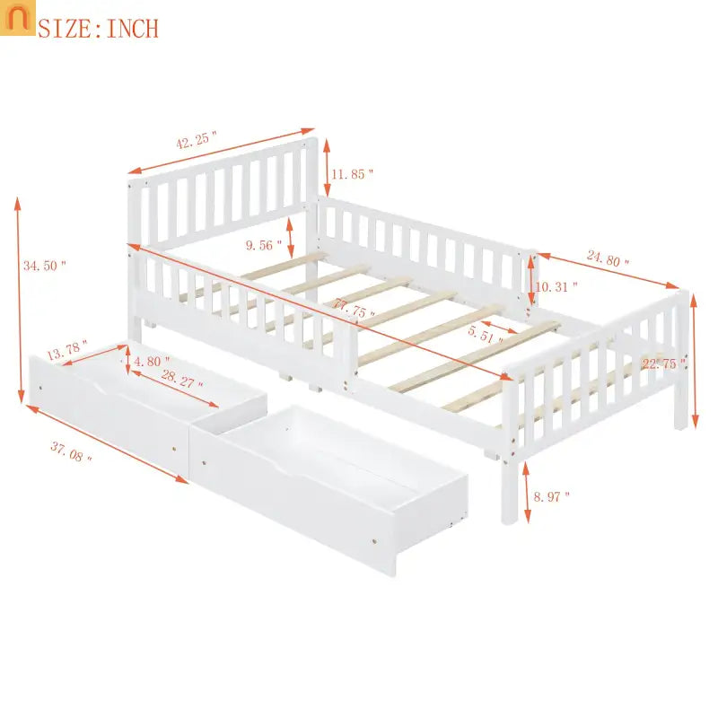Bed Frame Platform Wood White Twin Storage Drawers Guardrails