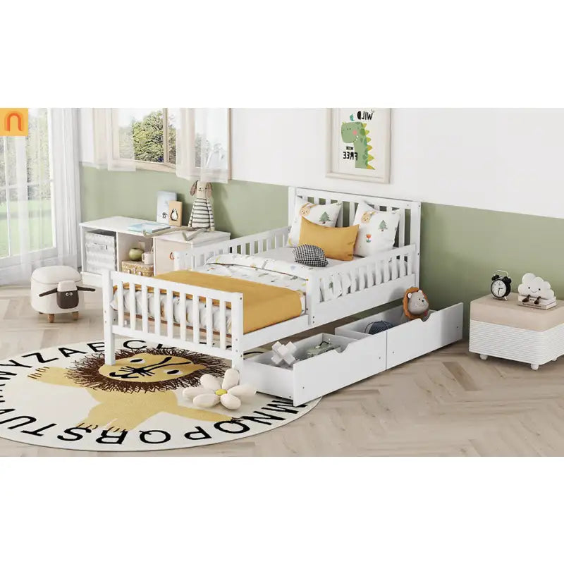 Bed Frame Platform Wood White Twin Storage Drawers Guardrails