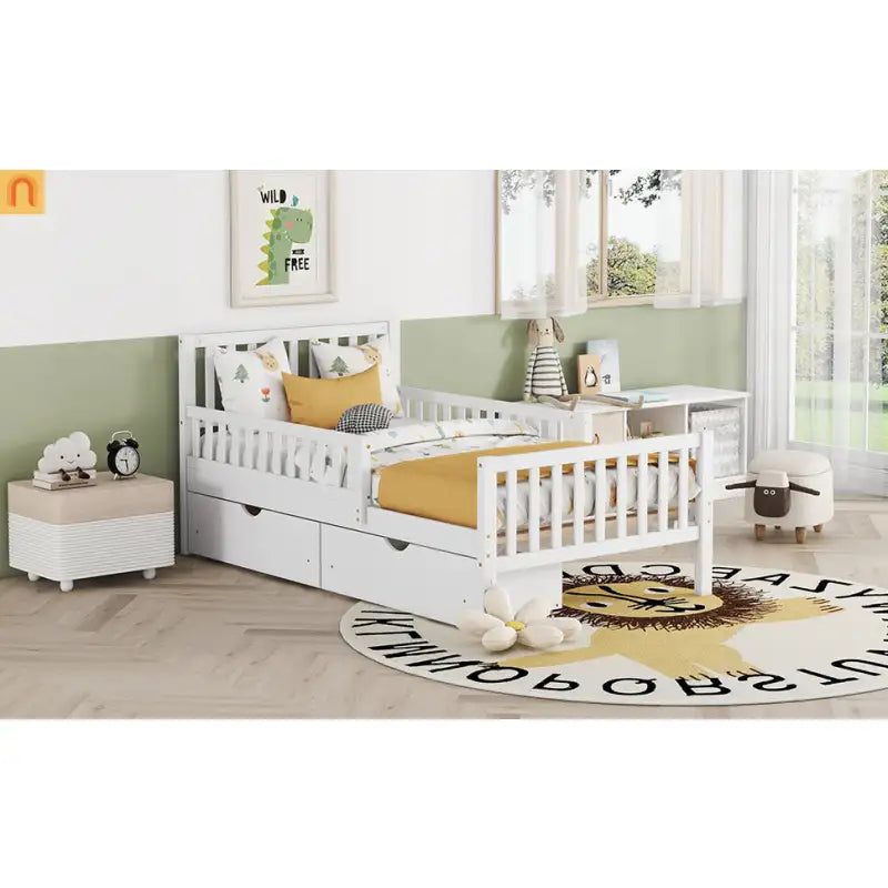 Bed Frame Platform Wood White Twin Storage Drawers Guardrails