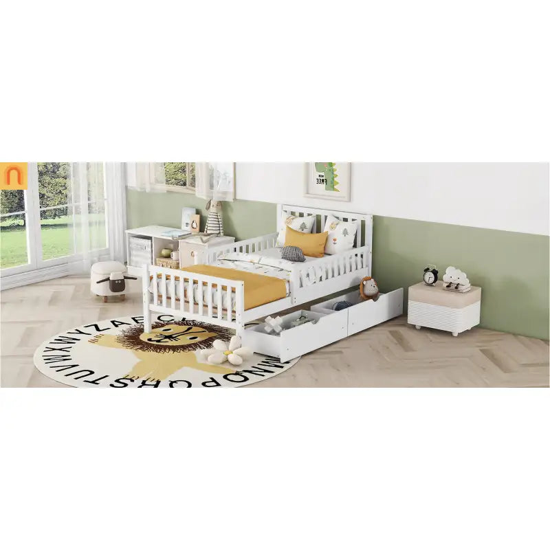 Bed Frame Platform Wood White Twin Storage Drawers Guardrails