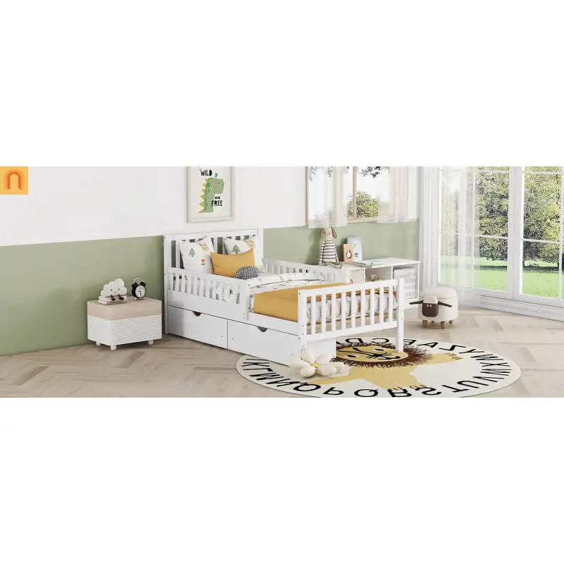 Bed Frame Platform Wood White Twin Storage Drawers Guardrails