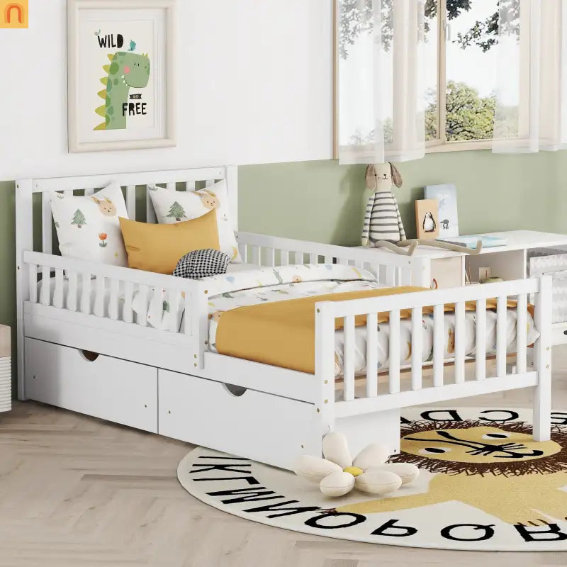 Bed Frame Platform Wood White Twin Storage Drawers Guardrails