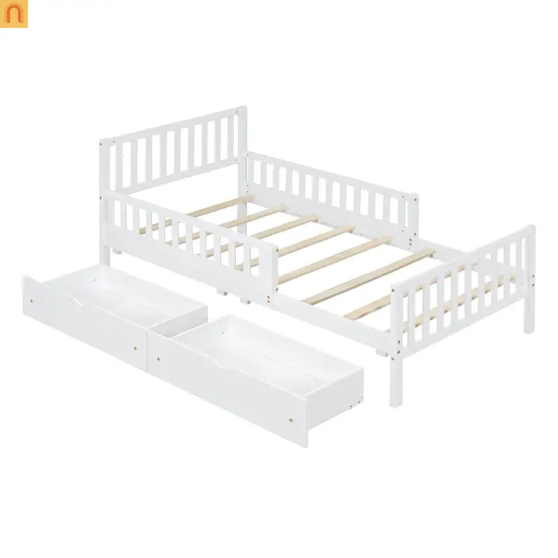 Bed Frame Platform Wood White Twin Storage Drawers Guardrails