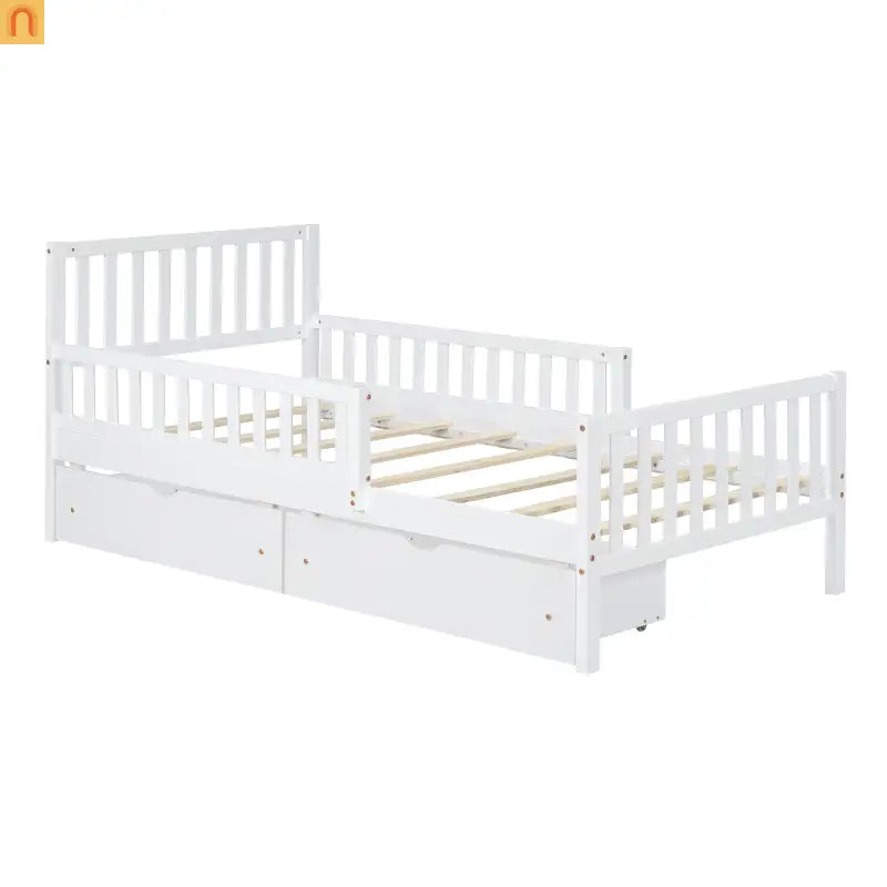 Bed Frame Platform Wood White Twin Storage Drawers Guardrails