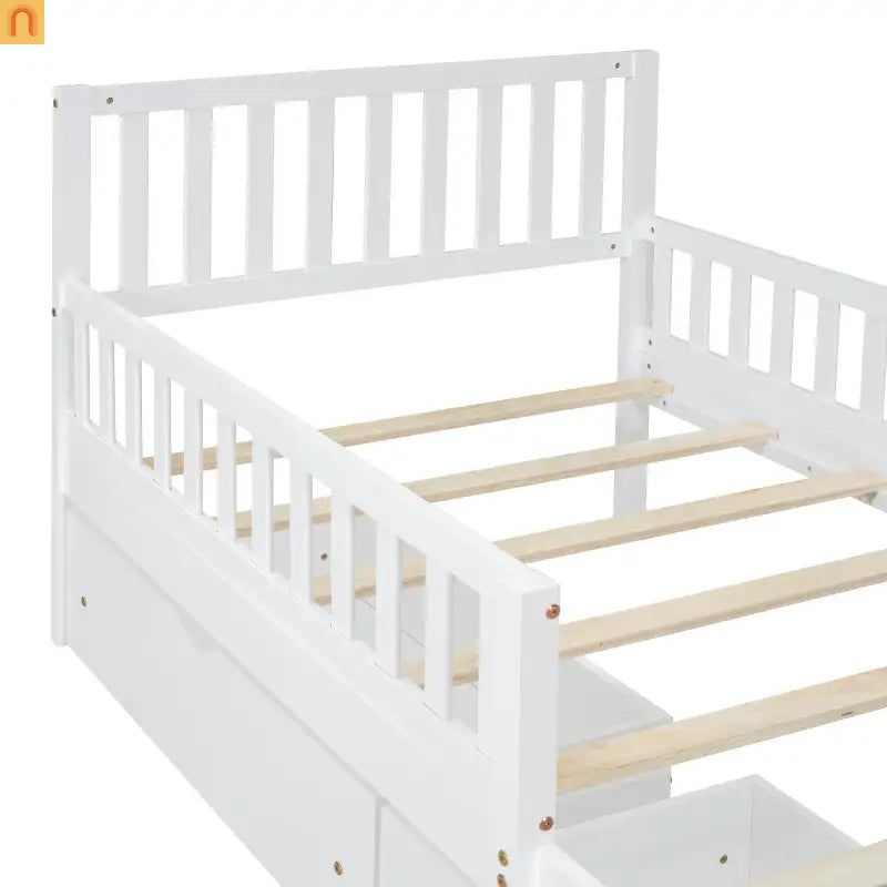 Bed Frame Platform Wood White Twin Storage Drawers Guardrails