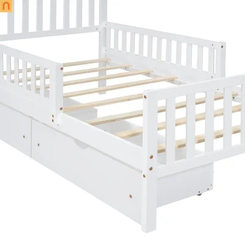 Bed Frame Platform Wood White Twin Storage Drawers Guardrails