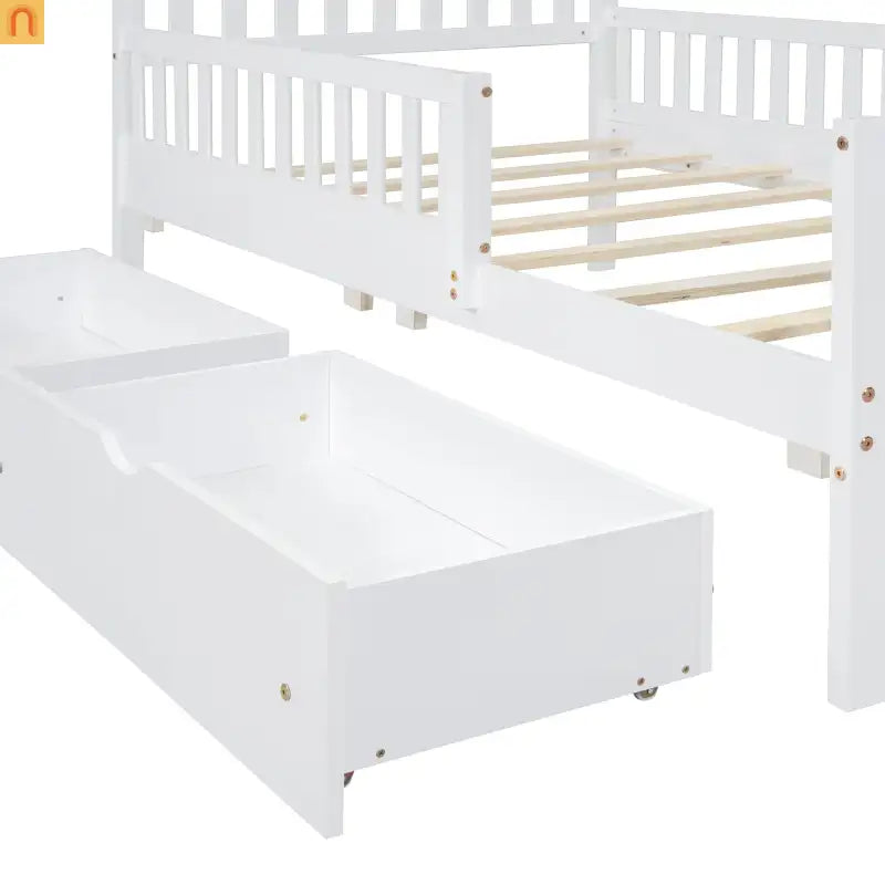 Bed Frame Platform Wood White Twin Storage Drawers Guardrails