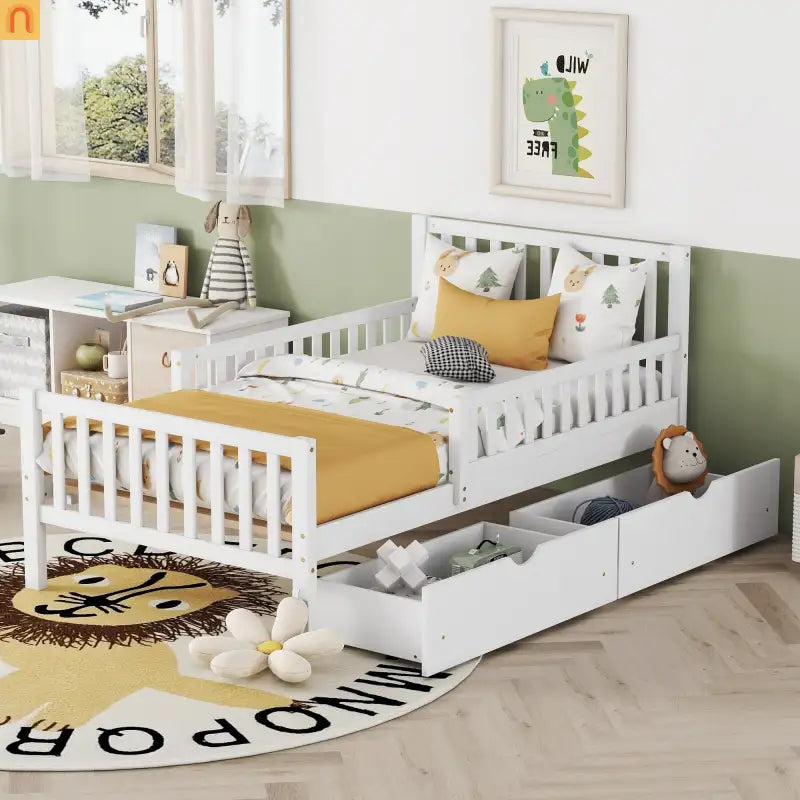 Bed Frame Platform Wood White Twin Storage Drawers Guardrails