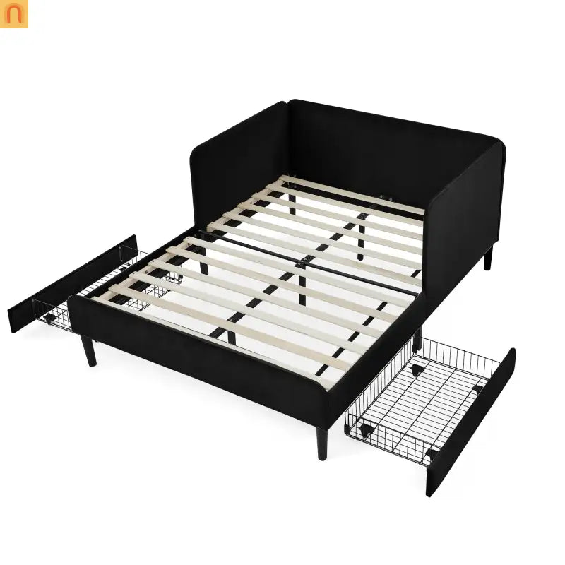 Bed Frame Daybed Platform Velvet Black Full 2 Drawers 300 lb