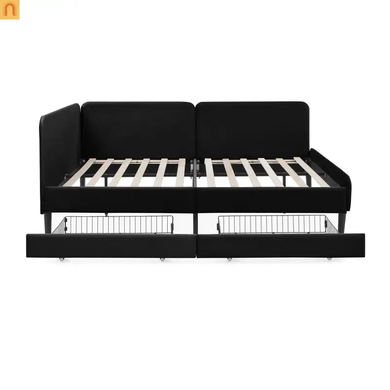 Bed Frame Daybed Platform Velvet Black Full 2 Drawers 300 lb