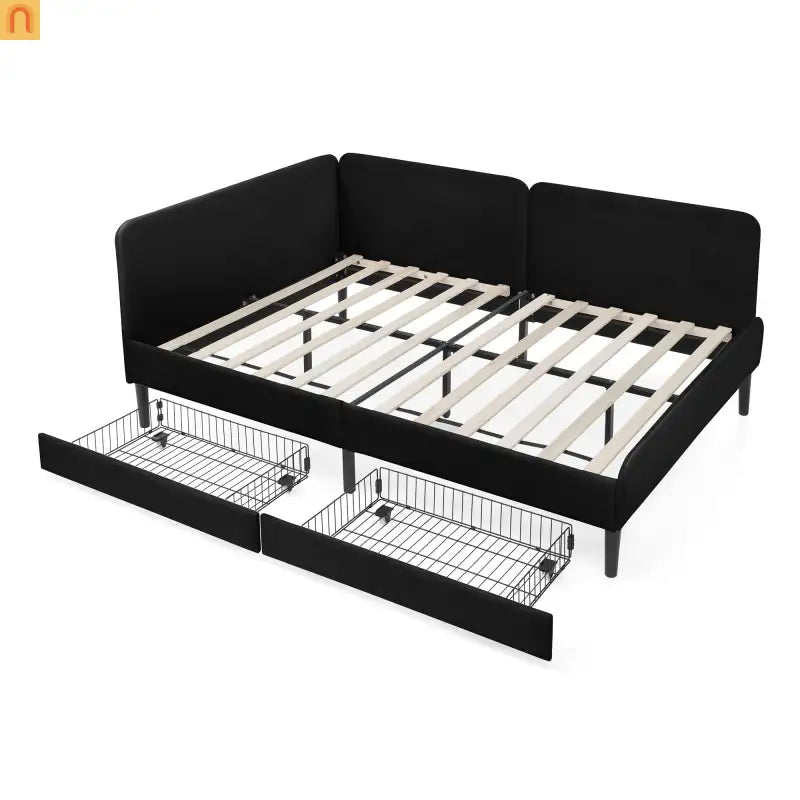 Bed Frame Daybed Platform Velvet Black Full 2 Drawers 300 lb