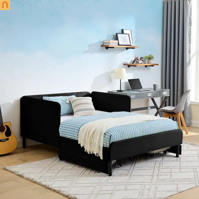 Bed Frame Daybed Platform Velvet Black Full 2 Drawers 300 lb