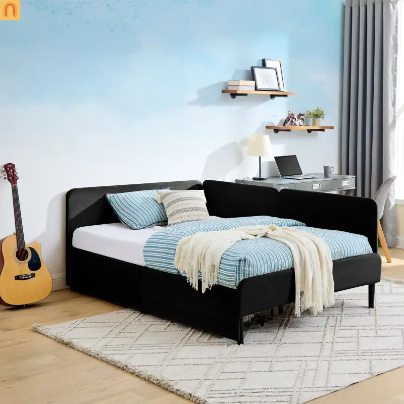 Bed Frame Daybed Platform Velvet Black Full 2 Drawers 300 lb