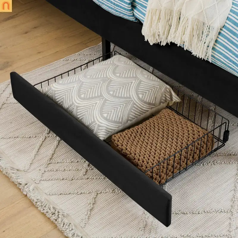 Bed Frame Daybed Platform Velvet Black Full 2 Drawers 300 lb
