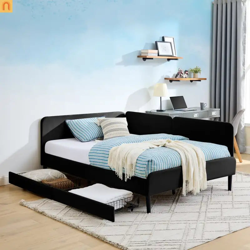 Bed Frame Daybed Platform Velvet Black Full 2 Drawers 300 lb