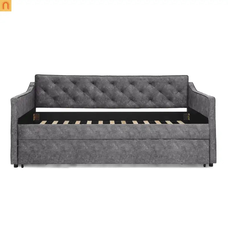Bed Frame Daybed Twin Velvet Gray Pop-Up Trundle USB 300 lb