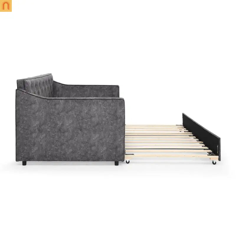 Bed Frame Daybed Twin Velvet Gray Pop-Up Trundle USB 300 lb