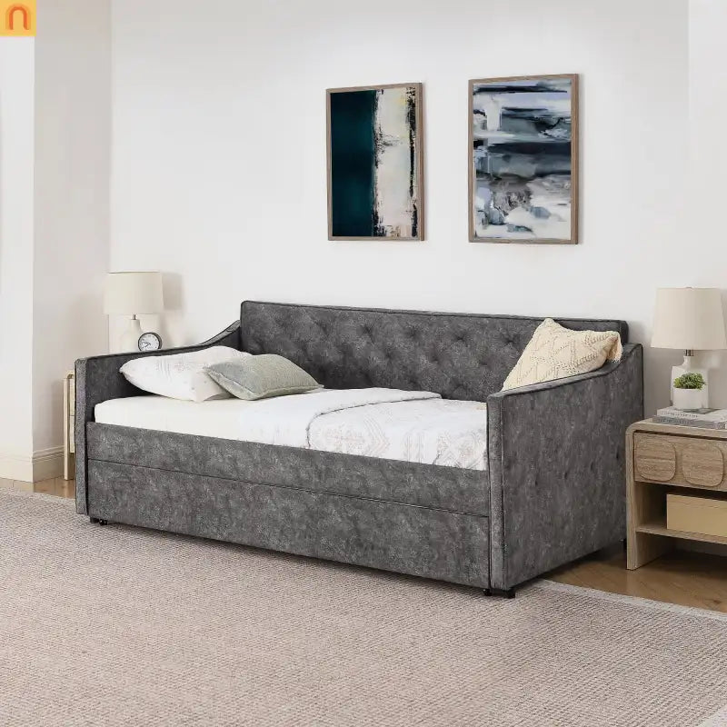 Bed Frame Daybed Twin Velvet Gray Pop-Up Trundle USB 300 lb