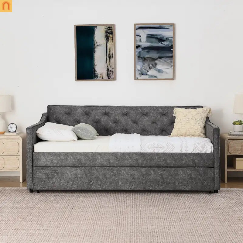 Bed Frame Daybed Twin Velvet Gray Pop-Up Trundle USB 300 lb
